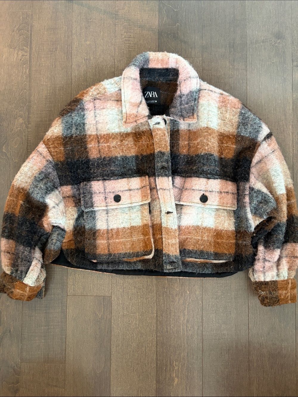 Zara Pink, Brown & Gray Plaid Cropped Teddy Jacket